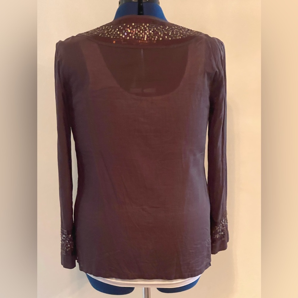 Cotton Dark Brown Poncho w/ Copper and Gold Sequin Neck and Sleeve Cuffs: Sz 1 - Picture 3 of 11